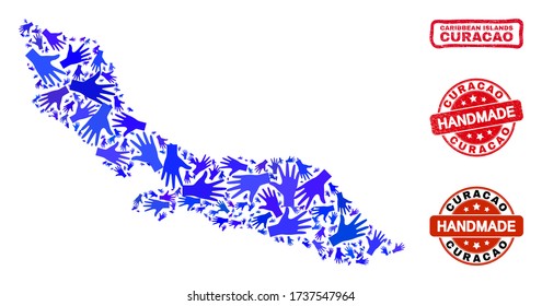 Vector handmade composition of Curacao Island map and grunge stamp seals. Mosaic Curacao Island map is composed from randomized blue hands.