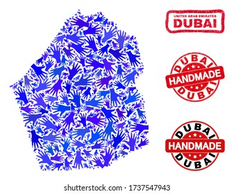 Vector handmade composition of Dubai Emirate map and dirty watermarks. Mosaic Dubai Emirate map is created from scattered blue hands. Rounded and rough red watermarks with corroded rubber texture.