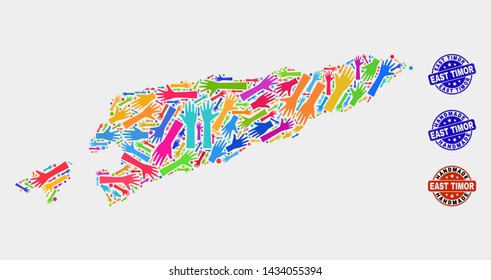 Vector handmade composition of East Timor map and textured stamp seals. Mosaic East Timor map is composed with scattered bright colorful hands. Rounded stamp imprints with unclean rubber texture.
