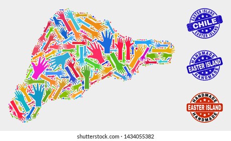 Vector handmade composition of Easter Island map and rubber stamp seals. Mosaic Easter Island map is done with scattered bright colorful hands. Rounded watermarks with corroded rubber texture.