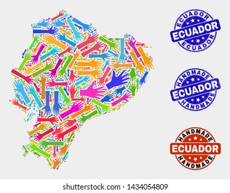 Vector handmade composition of Ecuador map and rubber seals. Mosaic Ecuador map is made from scattered bright colorful hands. Rounded seals with grunge rubber texture.