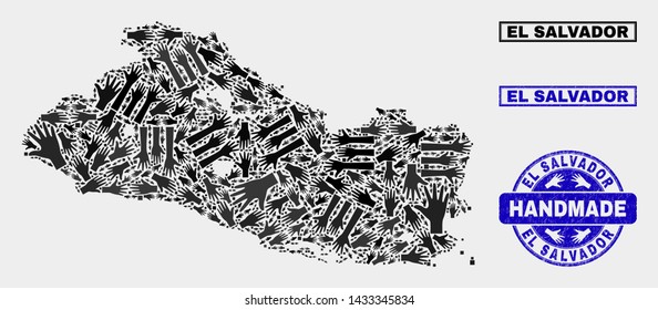 Vector handmade composition of El Salvador map and corroded seals. Mosaic El Salvador map is organized of scattered hands. Blue seals with corroded rubber texture.