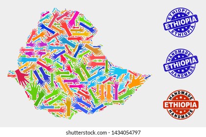 Vector handmade composition of Ethiopia map and unclean watermarks. Mosaic Ethiopia map is formed of scattered bright colored hands. Rounded stamp imprints with scratched rubber texture.