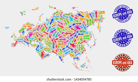 Vector handmade composition of Europe and Asia map and unclean watermarks. Mosaic Europe and Asia map is made of scattered bright colored hands. Rounded watermarks with grunge rubber texture.