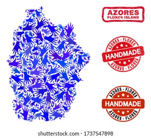 Vector handmade composition of Flores Island of Azores map and rubber stamp seals. Mosaic Flores Island of Azores map is made with randomized blue hands.