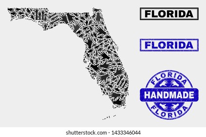 Vector handmade composition of Florida State map and rubber stamp seals. Mosaic Florida State map is composed of random hands. Blue stamp imprints with grunge rubber texture.