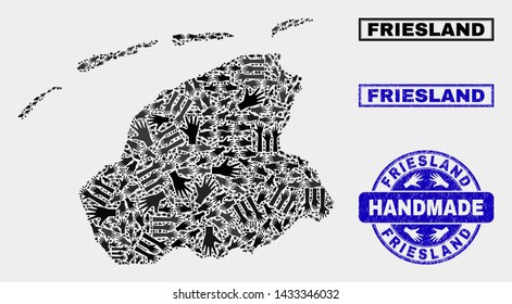 Vector handmade composition of Friesland Province map and dirty stamp seals. Mosaic Friesland Province map is formed of scattered hands. Blue stamp imprints with distress rubber texture.