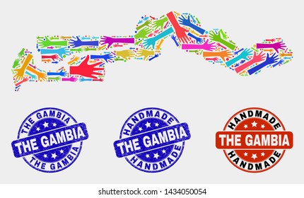 Vector handmade composition of the Gambia map and textured watermarks. Mosaic The Gambia map is formed with random bright colorful hands. Rounded watermarks with grunge rubber texture.