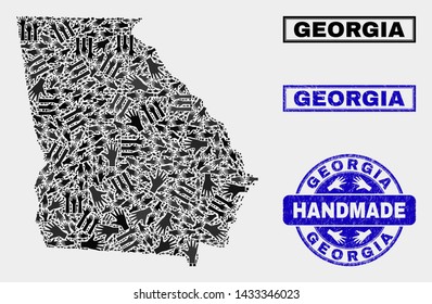 Vector handmade composition of Georgia State map and textured stamp seals. Mosaic Georgia State map is formed with randomized hands. Blue seals with unclean rubber texture.