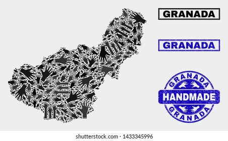 Vector handmade composition of Granada Province map and unclean stamp seals. Mosaic Granada Province map is composed with randomized hands. Blue stamp imprints with corroded rubber texture.