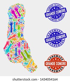 Vector handmade composition of Grande Comore Island map and rubber stamps. Mosaic Grande Comore Island map is constructed with randomized bright colored hands.
