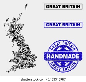 Vector handmade composition of Great Britain map and rubber stamp seals. Mosaic Great Britain map is designed with random hands. Blue seals with scratched rubber texture.