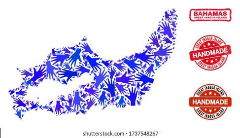Vector handmade composition of Great Inagua Island map and grunge seals. Mosaic Great Inagua Island map is organized of random blue hands. Rounded and rough red seals with grunge rubber texture.