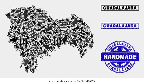 Vector handmade composition of Guadalajara Province map and rubber watermarks. Mosaic Guadalajara Province map is organized of randomized hands. Blue watermarks with distress rubber texture.
