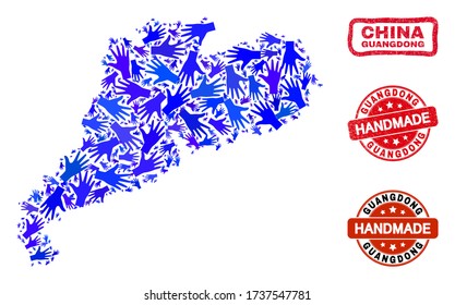 Vector handmade composition of Guangdong Province map and grunge seals. Mosaic Guangdong Province map is formed with scattered blue hands.