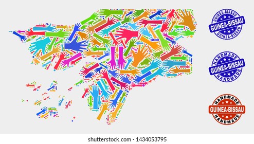 Vector handmade composition of Guinea-Bissau map and scratched seals. Mosaic Guinea-Bissau map is made with scattered bright colorful hands. Rounded watermarks with distress rubber texture.