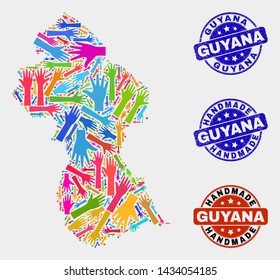 Vector handmade composition of Guyana map and unclean stamps. Mosaic Guyana map is composed of random bright colored hands. Rounded watermarks with unclean rubber texture.
