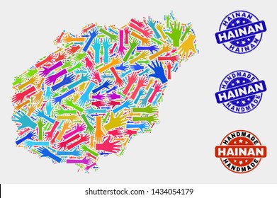 Vector handmade composition of Hainan map and scratched seals. Mosaic Hainan map is composed of random bright colorful hands. Rounded seals with unclean rubber texture.