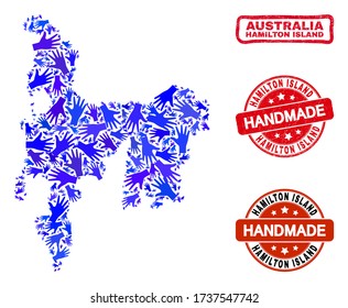 Vector handgefertigte Komposition von Hamilton Island Karte und Segel. Mosaik Hamilton Island Karte besteht aus verstreuten blauen Händen. Rote Dichtungen gerundet mit kratzter Gummistruktur.