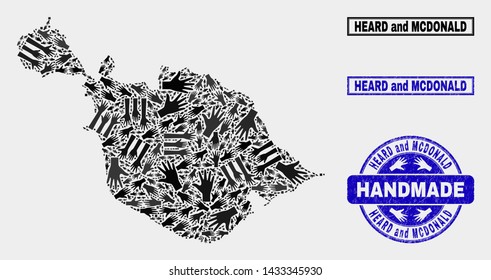 Vector handmade composition of Heard and McDonald Islands map and corroded stamp seals. Mosaic Heard and McDonald Islands map is organized from scattered hands.