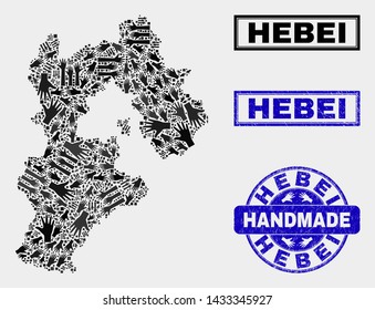 Vector handmade composition of Hebei Province map and scratched stamp seals. Mosaic Hebei Province map is composed of scattered hands. Blue watermarks with scratched rubber texture.