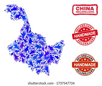Vector handmade composition of Heilongjiang Province map and grunge watermarks. Mosaic Heilongjiang Province map is designed of scattered blue hands.
