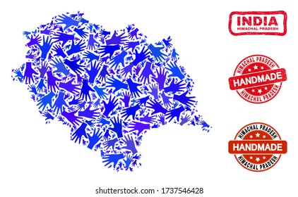 Vector handmade composition of Himachal Pradesh State map and corroded seals. Mosaic Himachal Pradesh State map is designed from randomized blue hands.