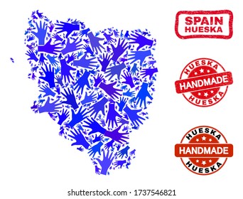 Vector handmade composition of Hueska Province map and textured stamp seals. Mosaic Hueska Province map is designed with random blue hands. Rounded and rough red seals with grunge rubber texture.