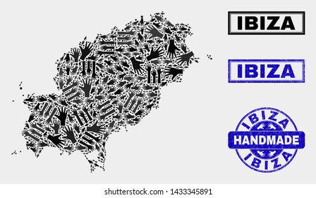 Vector handmade composition of Ibiza Island map and rubber watermarks. Mosaic Ibiza Island map is composed of random hands. Blue stamp imprints with grunge rubber texture.