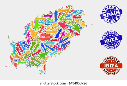 Vector handmade composition of Ibiza Island map and rubber seals. Mosaic Ibiza Island map is designed with scattered bright colored hands. Rounded stamp imprints with distress rubber texture.
