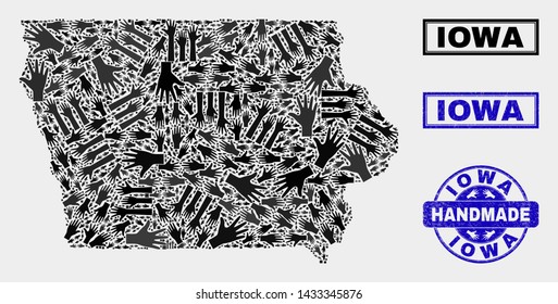 Vector handmade composition of Iowa State map and textured watermarks. Mosaic Iowa State map is created with scattered hands. Blue watermarks with grunge rubber texture.