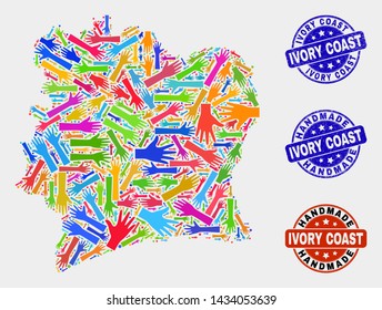 Vector handmade composition of Ivory Coast map and scratched seals. Mosaic Ivory Coast map is done of scattered bright colorful hands. Rounded seals with scratched rubber texture.