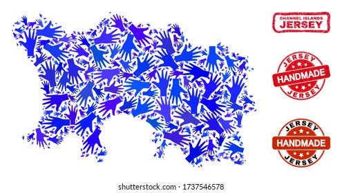 Vector handmade composition of Jersey Island map and scratched stamp seals. Mosaic Jersey Island map is constructed of randomized blue hands. Rounded and rough red seals with unclean rubber texture.