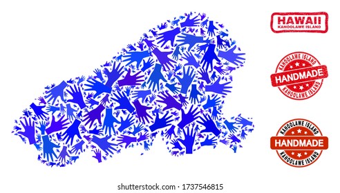 Vector handmade composition of Kahoolawe Island map and corroded watermarks. Mosaic Kahoolawe Island map is formed of scattered blue hands.