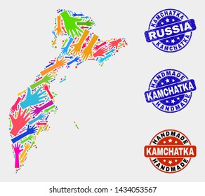 Vector handmade composition of Kamchatka map and grunge watermarks. Mosaic Kamchatka map is designed with randomized bright colored hands. Rounded watermarks with corroded rubber texture.