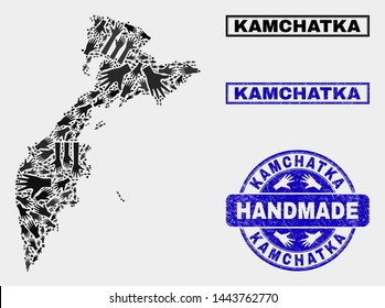 Vector handmade composition of Kamchatka map and scratched seals. Mosaic Kamchatka map is done with random hands. Blue seals with unclean rubber texture.