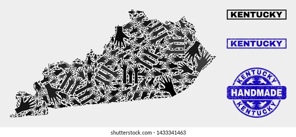 Vector handmade composition of Kentucky State map and rubber stamp seals. Mosaic Kentucky State map is designed of randomized hands. Blue stamp imprints with distress rubber texture.