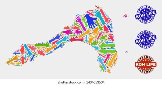 Vector handmade composition of Koh Lipe map and unclean stamps. Mosaic Koh Lipe map is constructed of scattered bright colored hands. Rounded seals with corroded rubber texture.