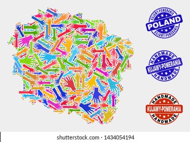 Vector handmade composition of Kujawy-Pomerania Province map and unclean seals. Mosaic Kujawy-Pomerania Province map is made of randomized bright colored hands.