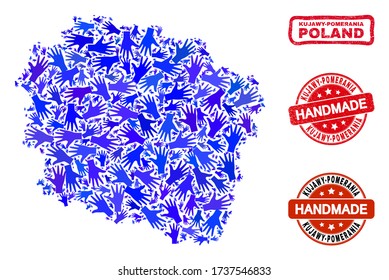 Vector handmade composition of Kujawy-Pomerania Province map and grunge seals. Mosaic Kujawy-Pomerania Province map is composed with randomized blue hands.
