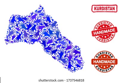 Vector handmade composition of Kurdistan map and scratched stamp seals. Mosaic Kurdistan map is organized of scattered blue hands. Rounded and crooked red watermarks with unclean rubber texture.