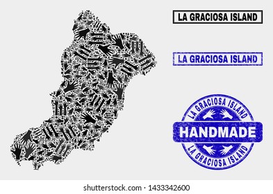 Vector handmade composition of La Graciosa Island map and dirty watermarks. Mosaic La Graciosa Island map is designed of randomized hands. Blue watermarks with grunge rubber texture.