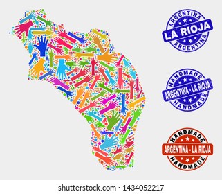 Vector handmade composition of La Rioja of Argentina map and scratched seals. Mosaic La Rioja of Argentina map is made of scattered bright colored hands. Rounded seals with distress rubber texture.