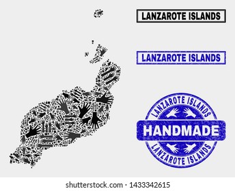 Vector handmade composition of Lanzarote Islands map and rubber watermarks. Mosaic Lanzarote Islands map is designed with randomized hands. Blue watermarks with scratched rubber texture.
