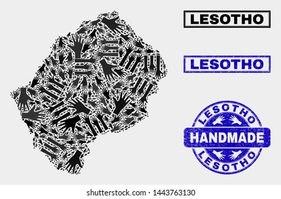 Vector handmade composition of Lesotho map and rubber watermarks. Mosaic Lesotho map is created of random hands. Blue seals with scratched rubber texture.