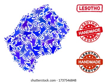 Vector handmade composition of Lesotho map and rubber watermarks. Mosaic Lesotho map is designed of randomized blue hands. Rounded and crooked red watermarks with scratched rubber texture.