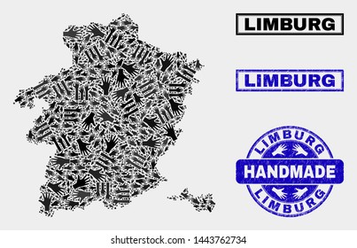 Vector handmade composition of Limburg Province map and grunge stamps. Mosaic Limburg Province map is created of scattered hands. Blue seals with grunge rubber texture.