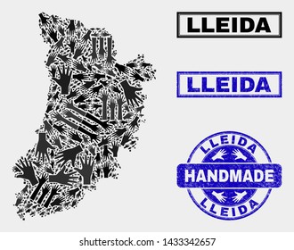 Vector handmade composition of Lleida Province map and rubber watermarks. Mosaic Lleida Province map is formed with random hands. Blue stamp imprints with distress rubber texture.