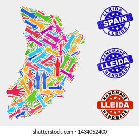 Vector handmade composition of Lleida Province map and rubber seals. Mosaic Lleida Province map is made of randomized bright colorful hands. Rounded seals with corroded rubber texture.
