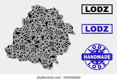 Vector handmade composition of Lodz Voivodeship map and rubber stamp seals. Mosaic Lodz Voivodeship map is made of random hands. Blue watermarks with grunge rubber texture.